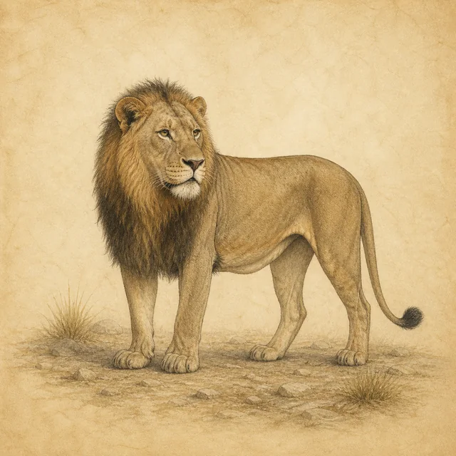 Tekening van een mannelijke leeuw op een droge, stenige vlakte